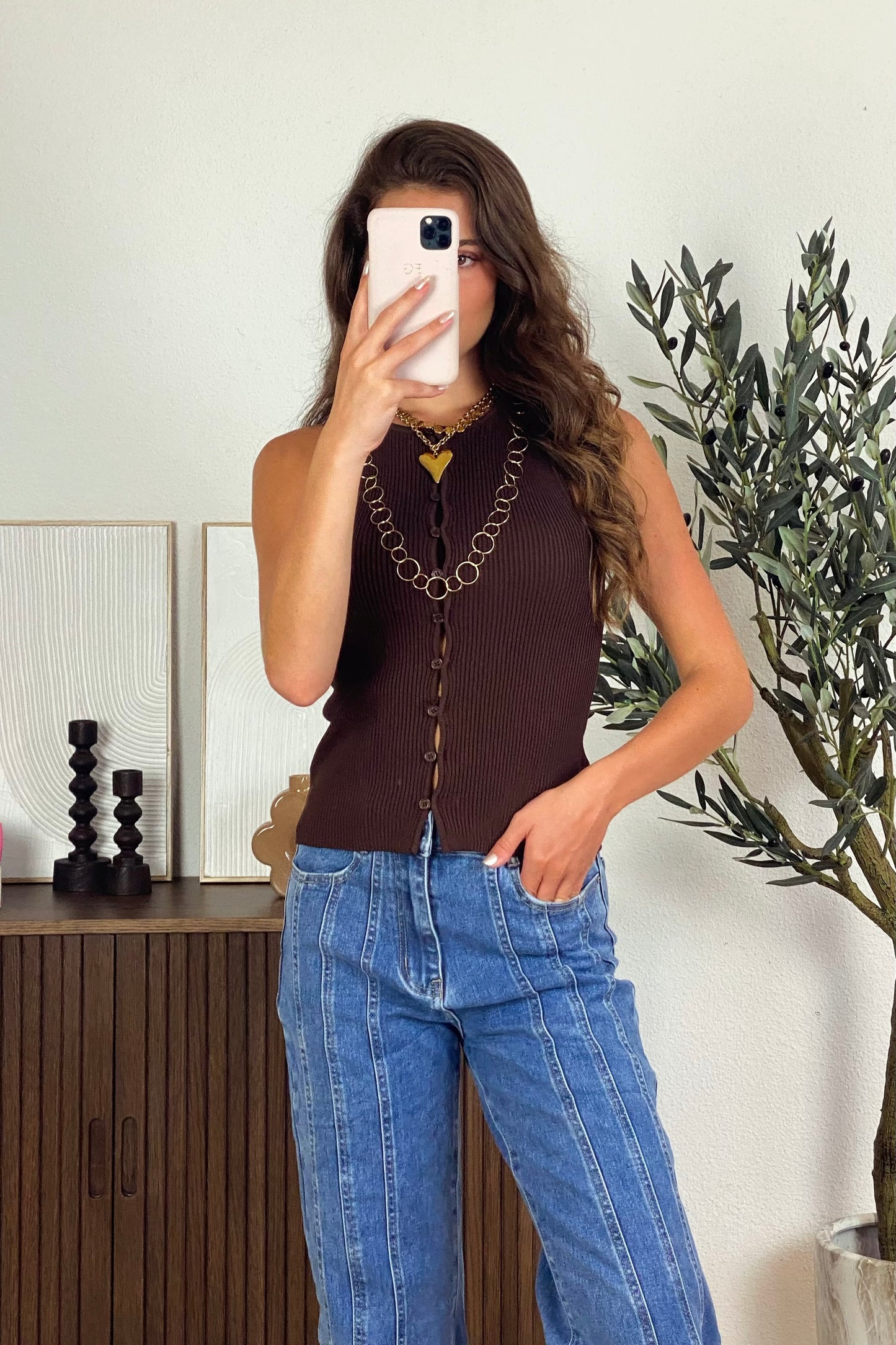 Myra button top - Brown