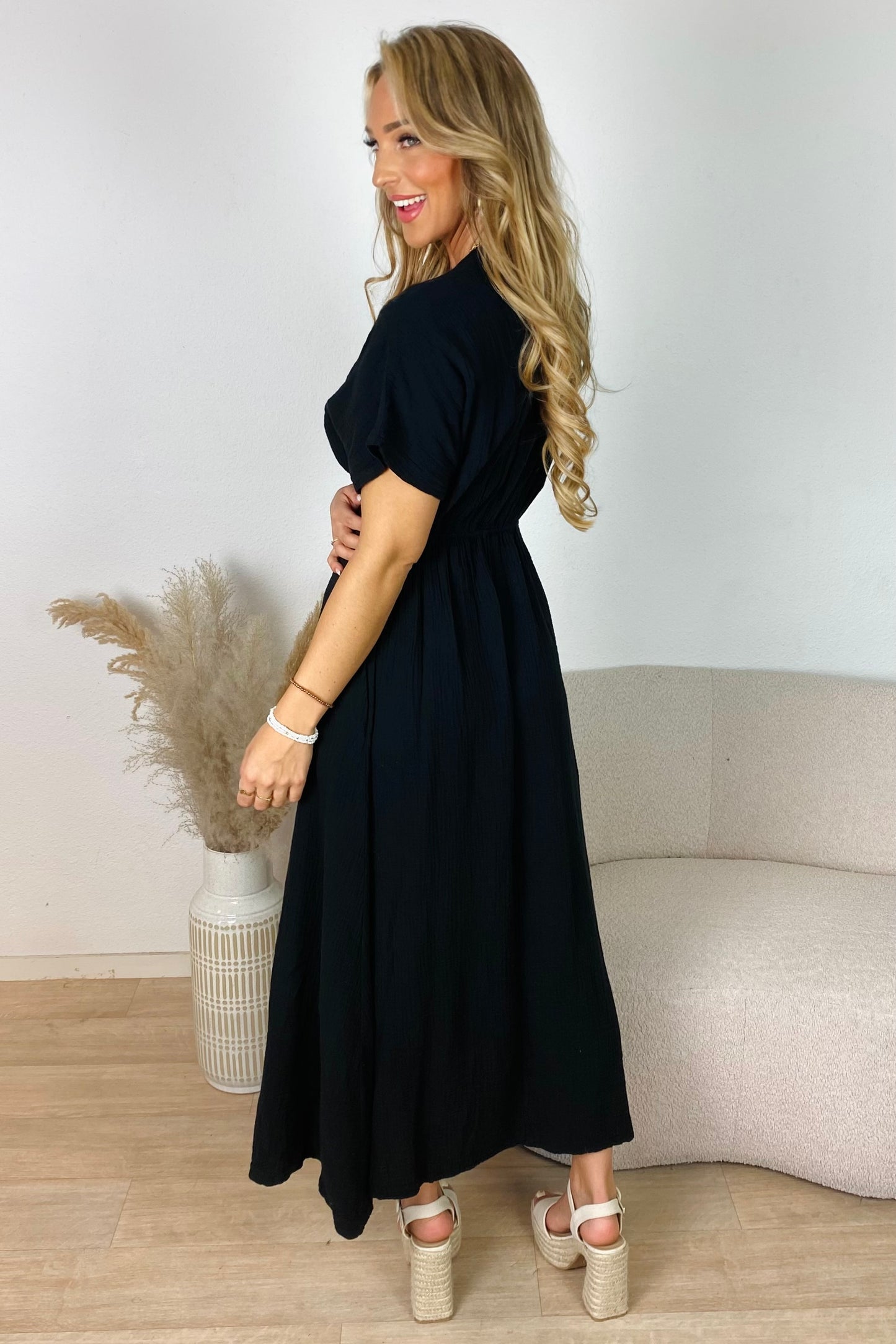 Mousseline maxi jurk - Zwart