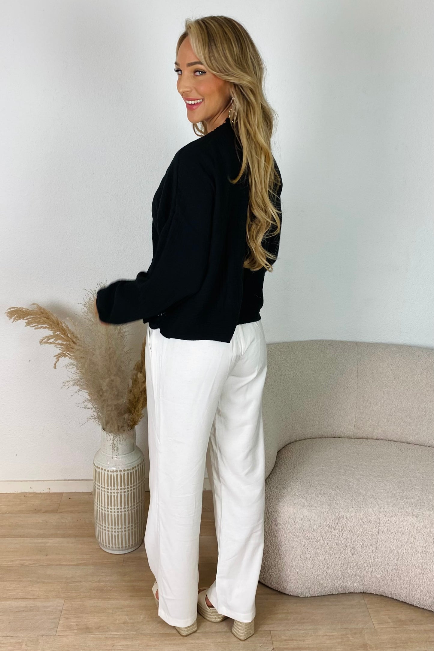 Broderie strik blouse - Zwart