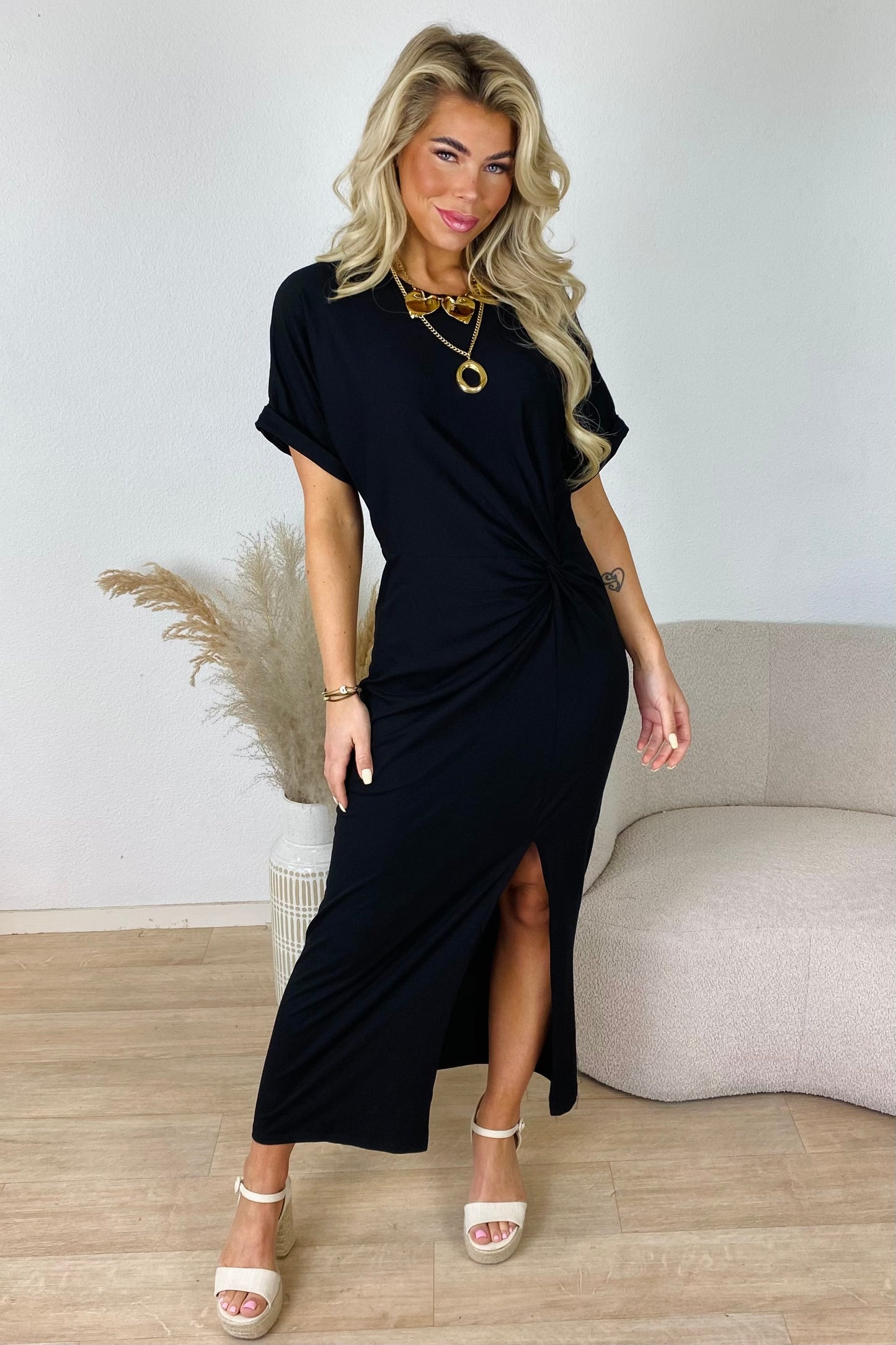 Midi jurk met knoop - Zwart