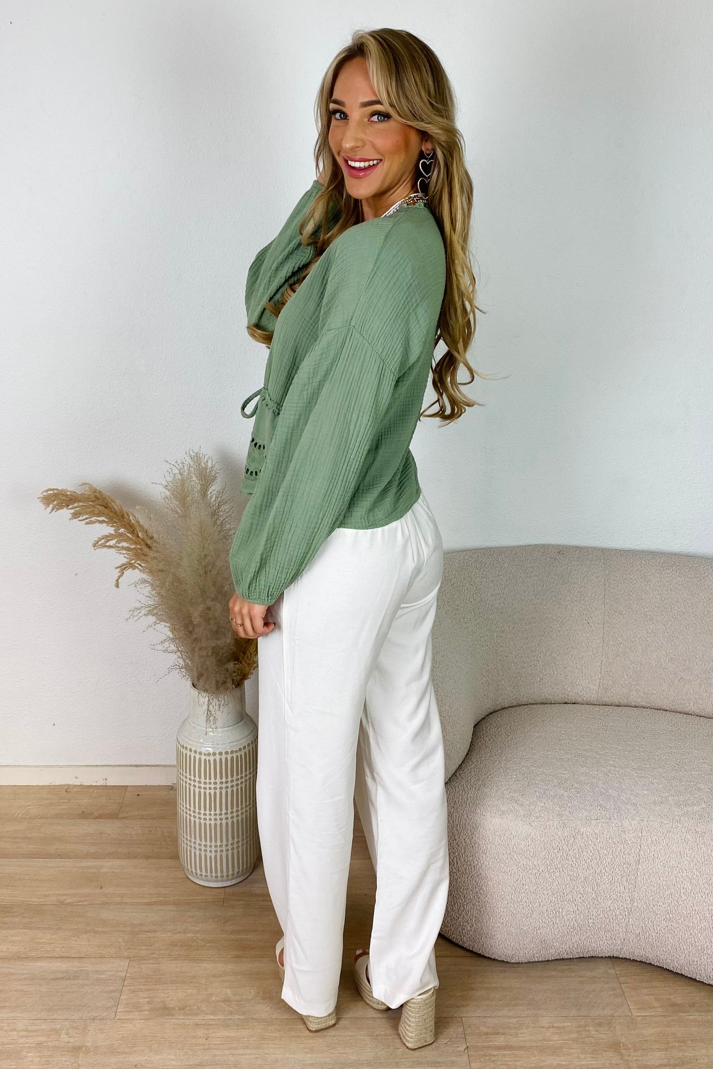 Broderie strik blouse - Kaki