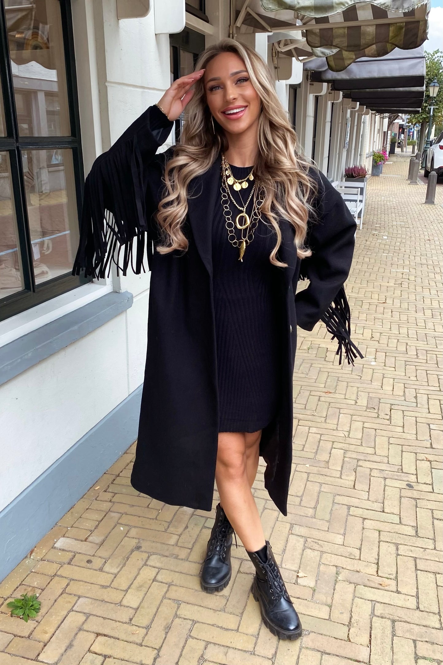 Jade fringe coat - Black