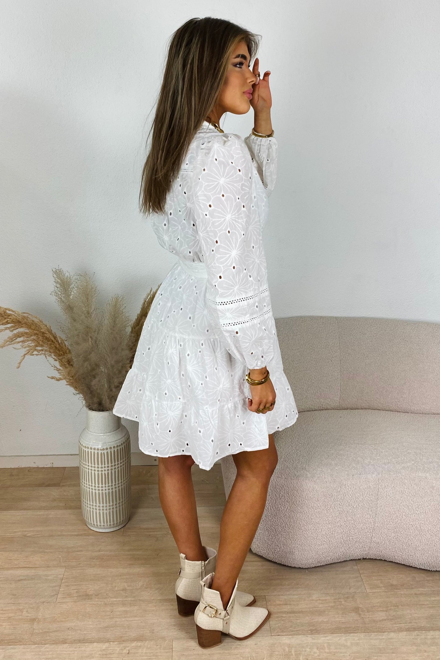 Broderie button dress - Wit