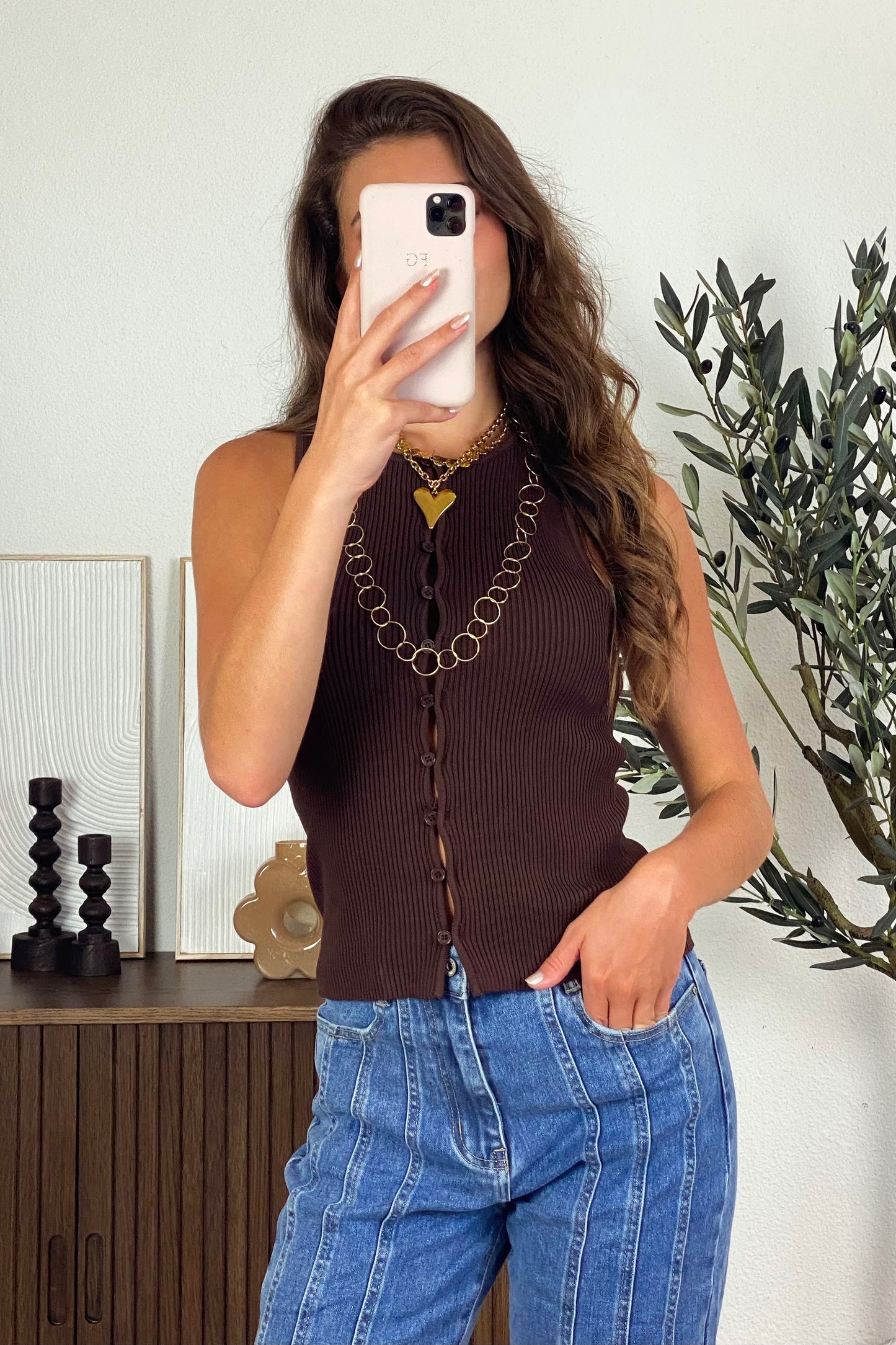 Myra button top - Brown