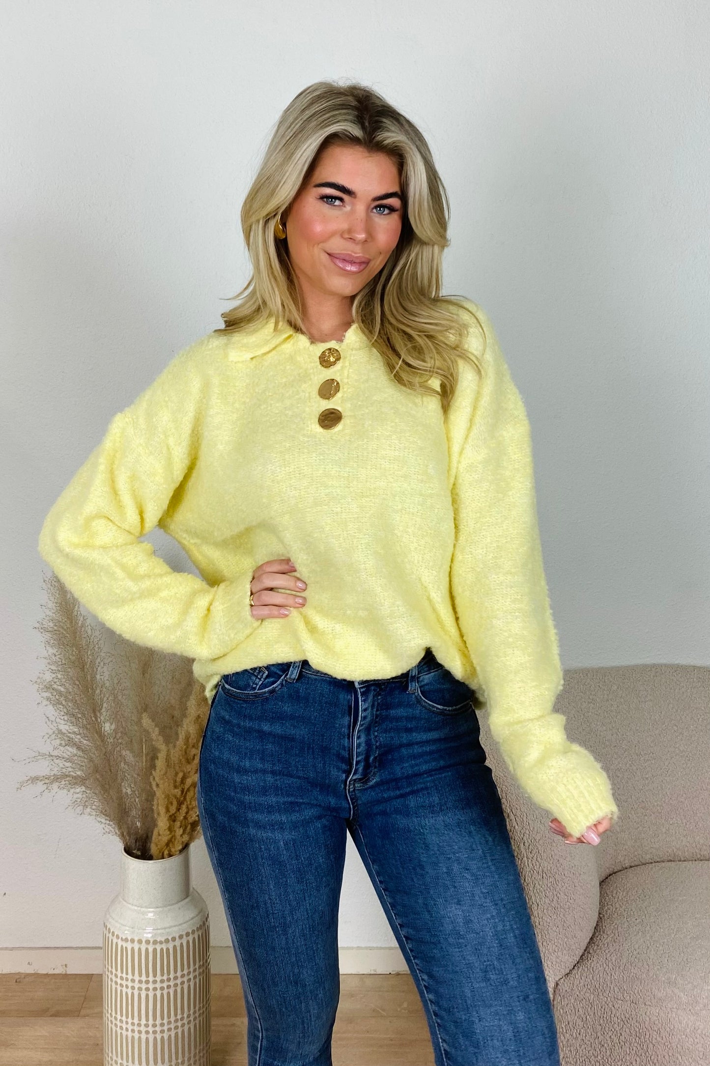 Gold button knitted trui - Yellow