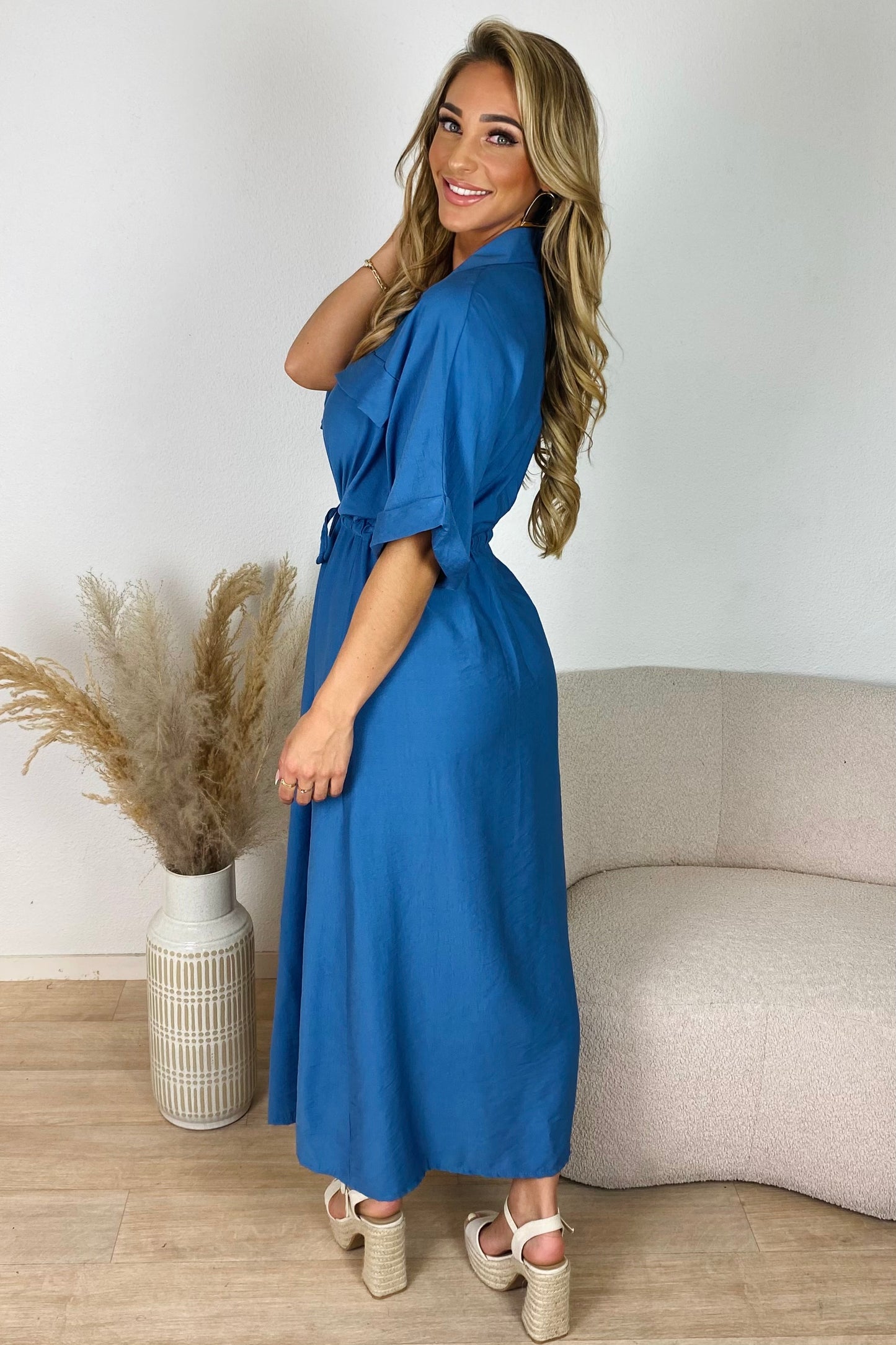Blouse jurk met taillekoord - Blauw