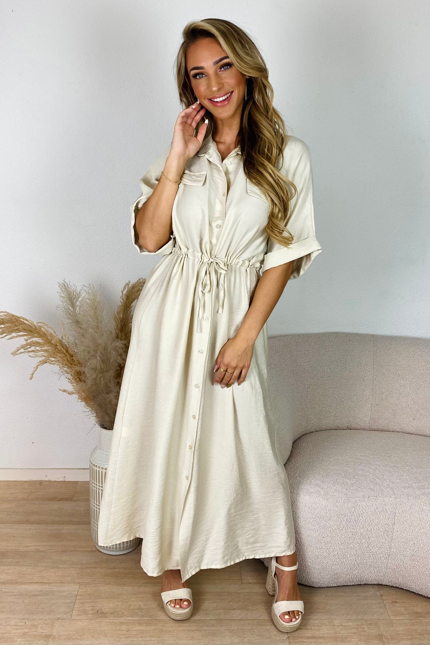 Blouse jurk met taillekoord - Beige