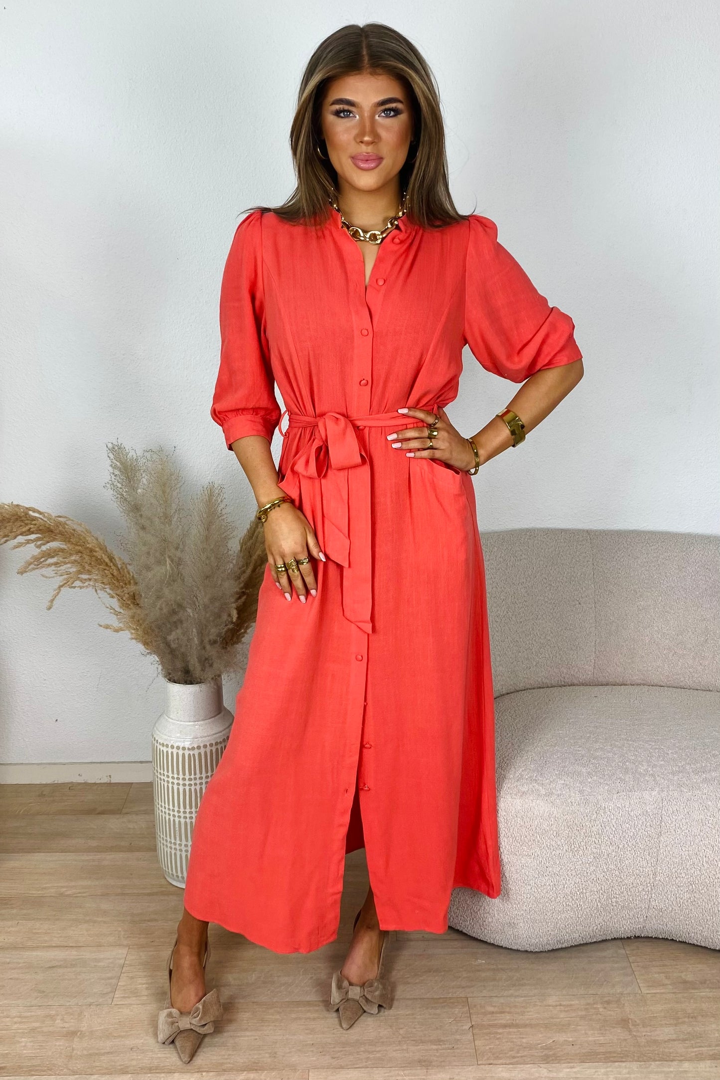 Linnen maxi dress - Coral
