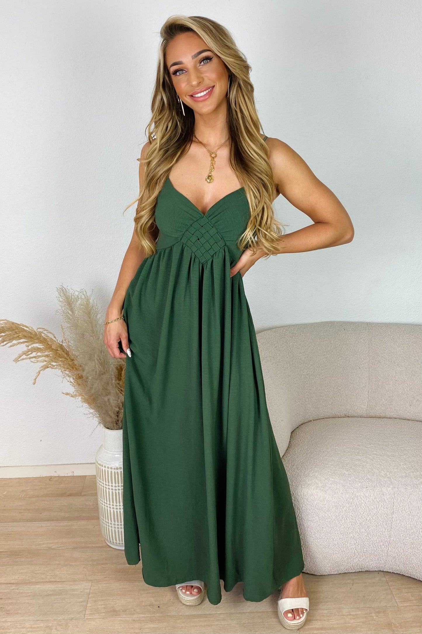 Maxi jurk met gevlochten detail - Kaki