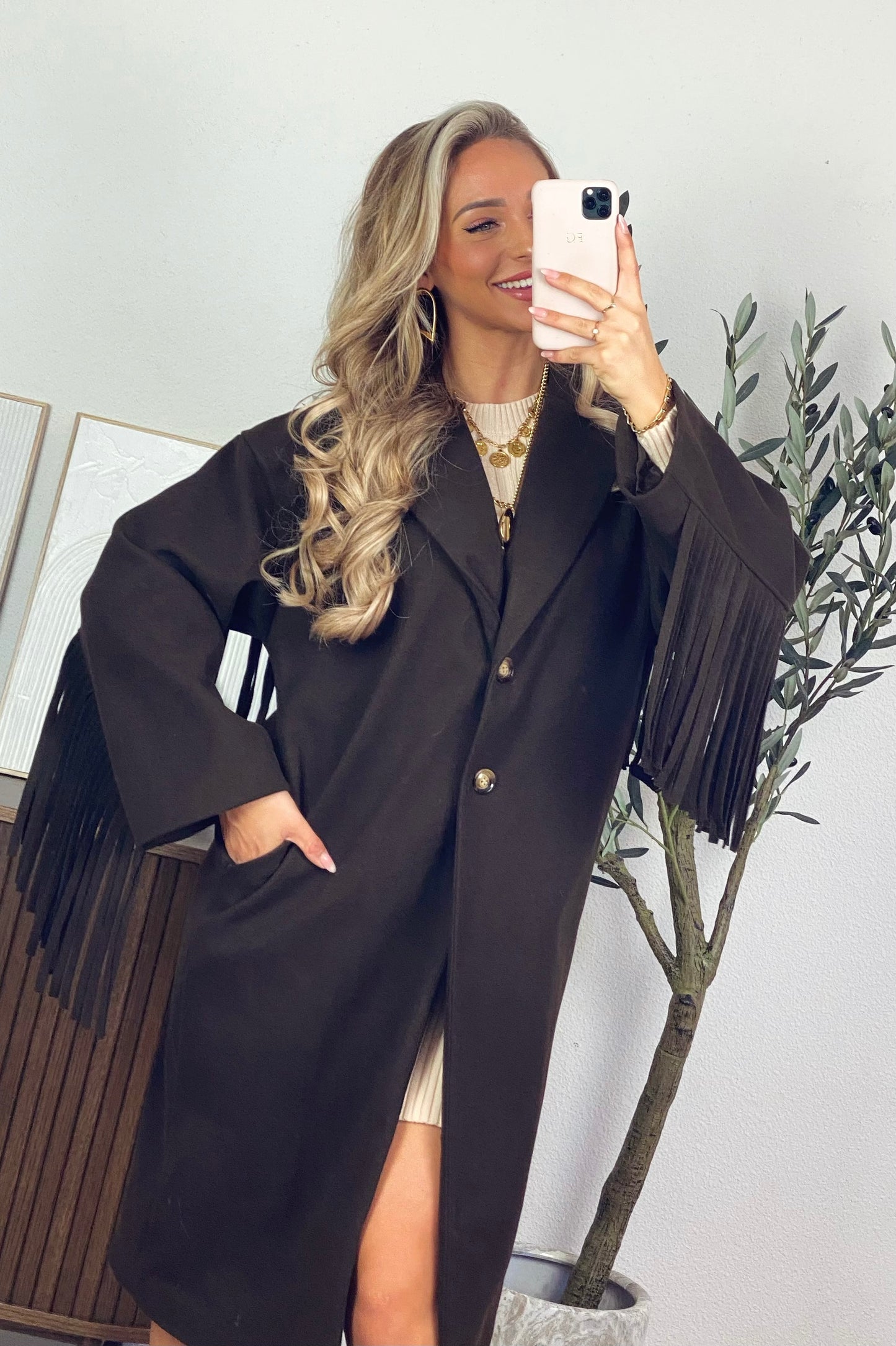 Jade fringe coat - Brown