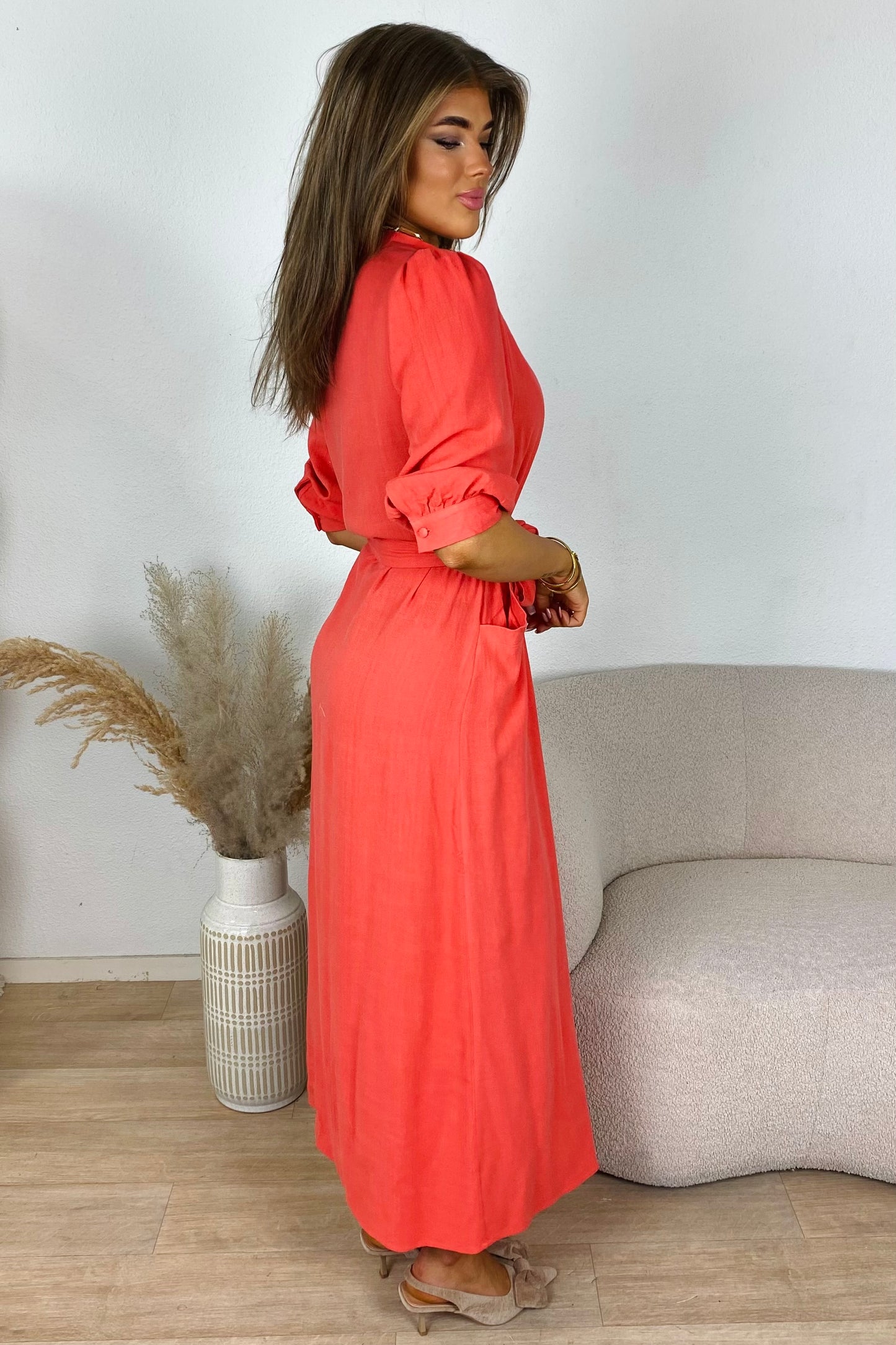 Linnen maxi dress - Coral