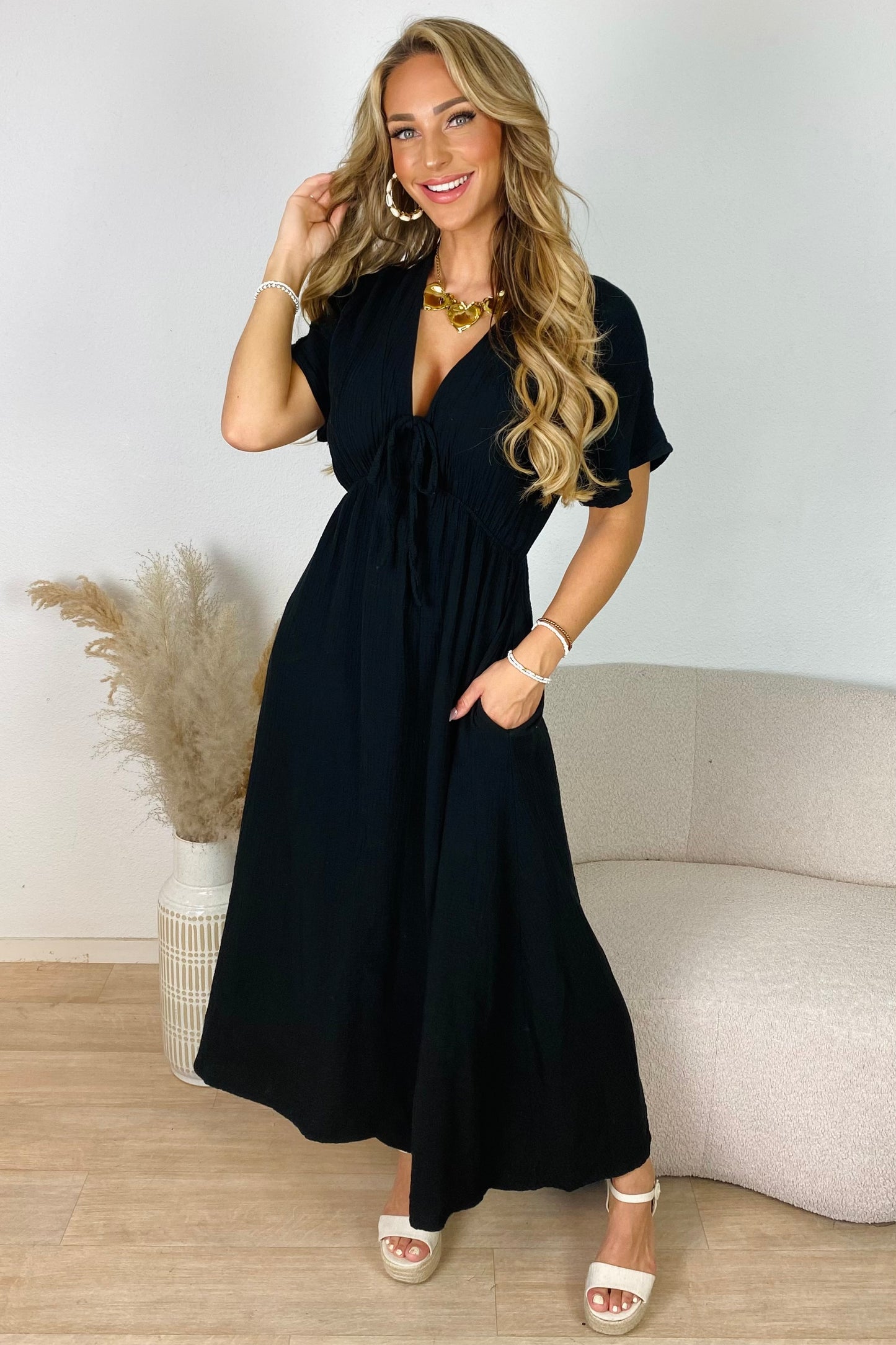 Mousseline maxi jurk - Zwart