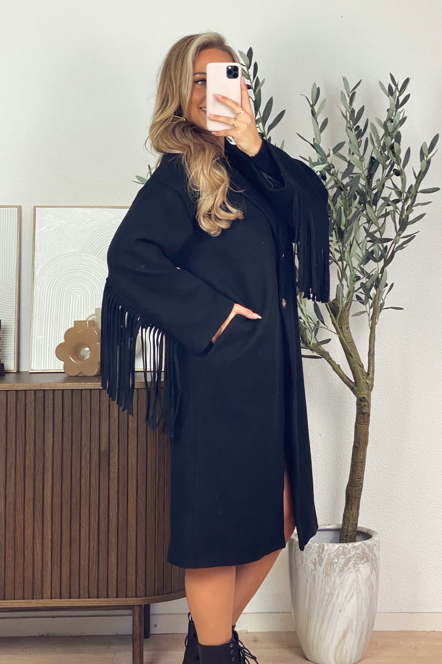 Jade fringe coat - Black