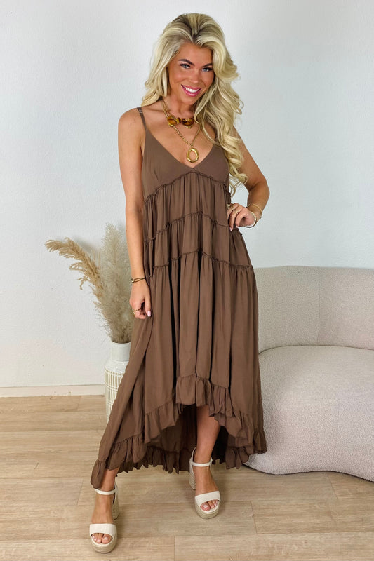 Flowy ruffle jurk - Bruin