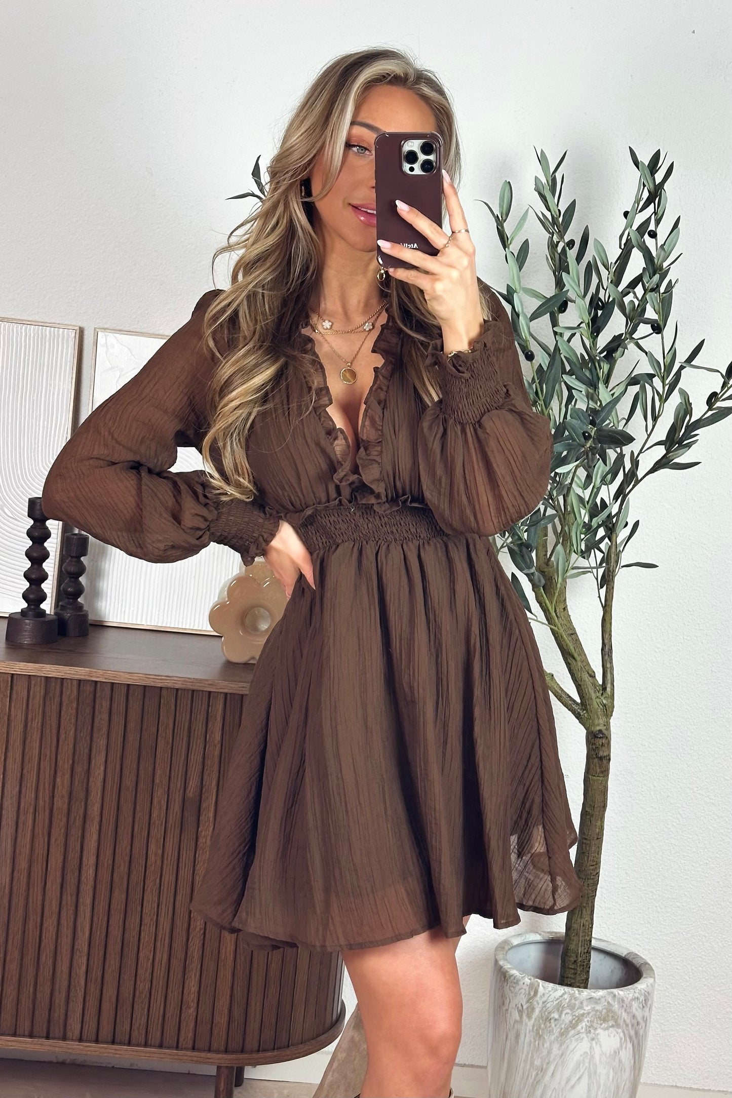 Ariella ruffle jurk - Bruin