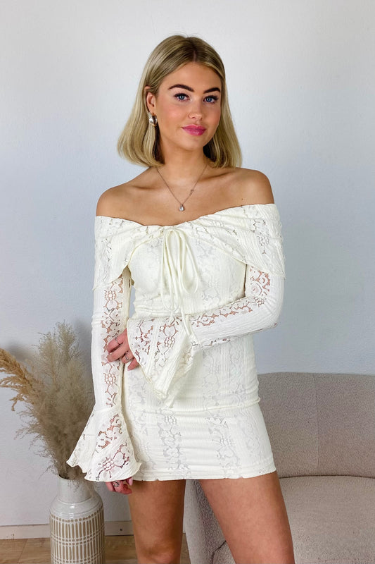 Offshoulder kanten jurk - Wit