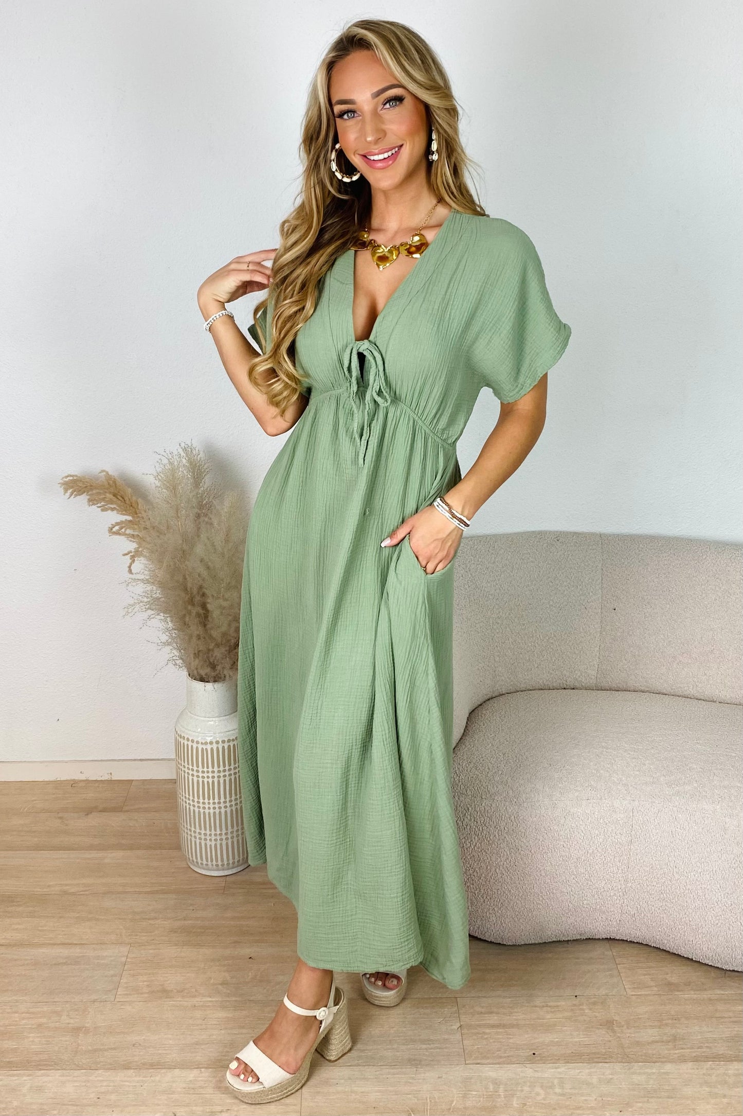 Mousseline maxi jurk - Kaki