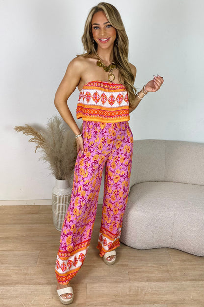 Bandeau jumpsuit bloemenprint - Fuchsia