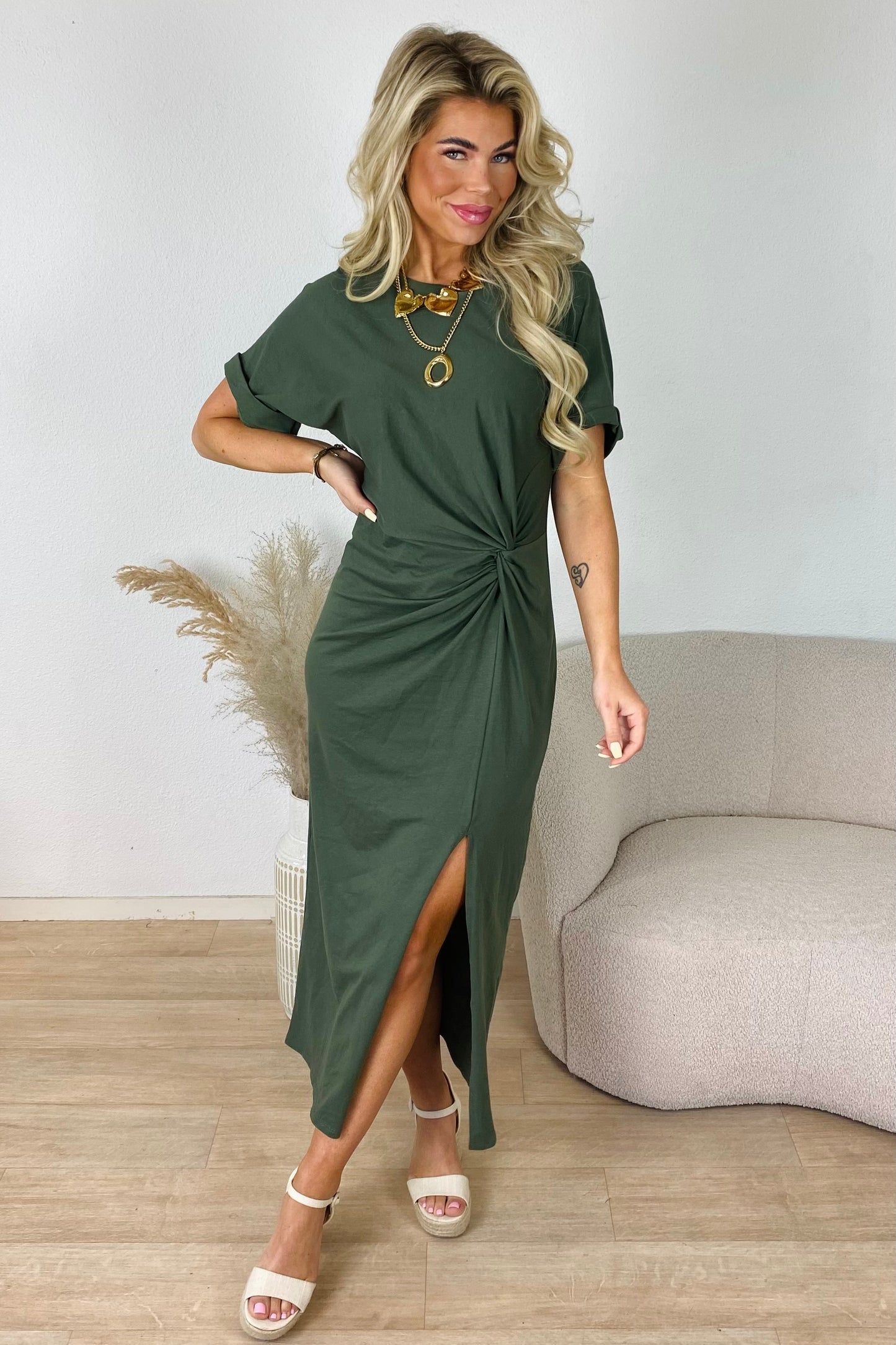 Midi jurk met knoop - Kaki