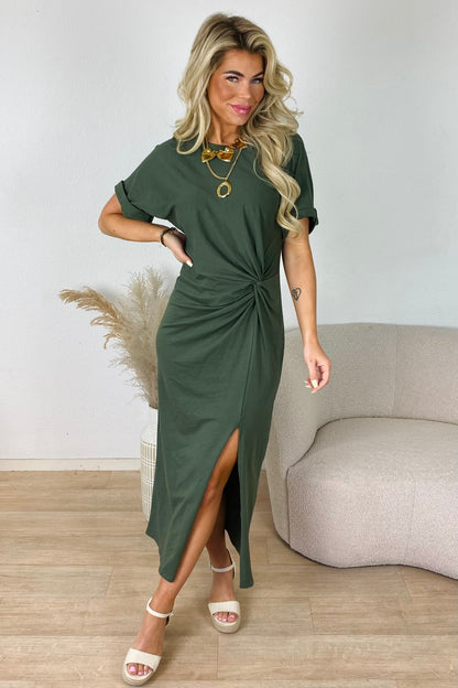 Midi jurk met knoop - Kaki