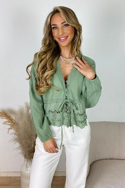 Broderie strik blouse - Kaki