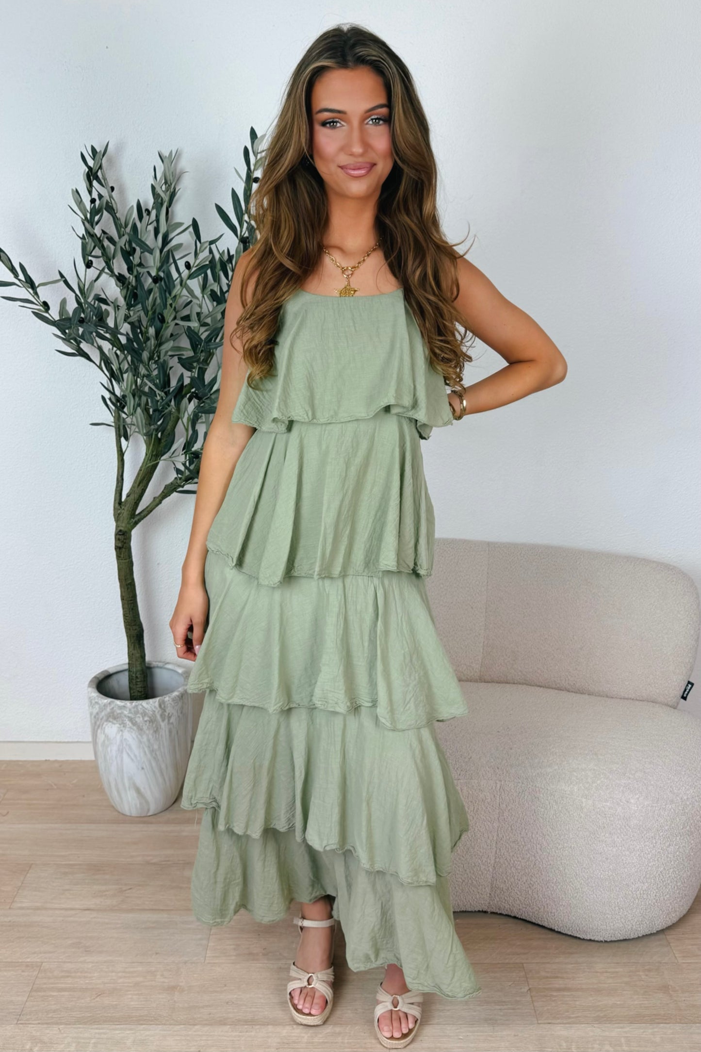 Puck laagjes maxi jurk - Kaki