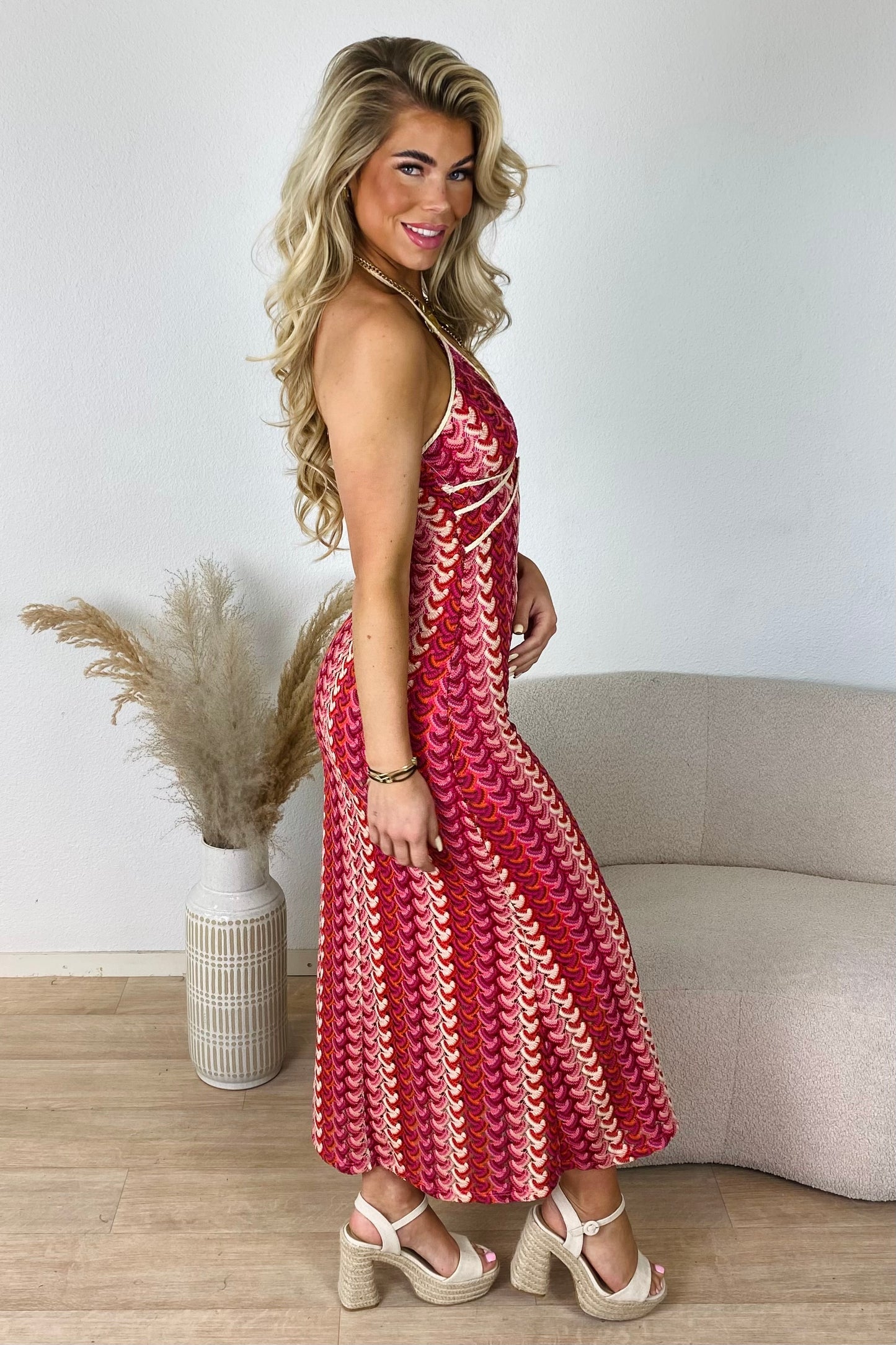 Gehaakte zigzag maxi jurk - Roze
