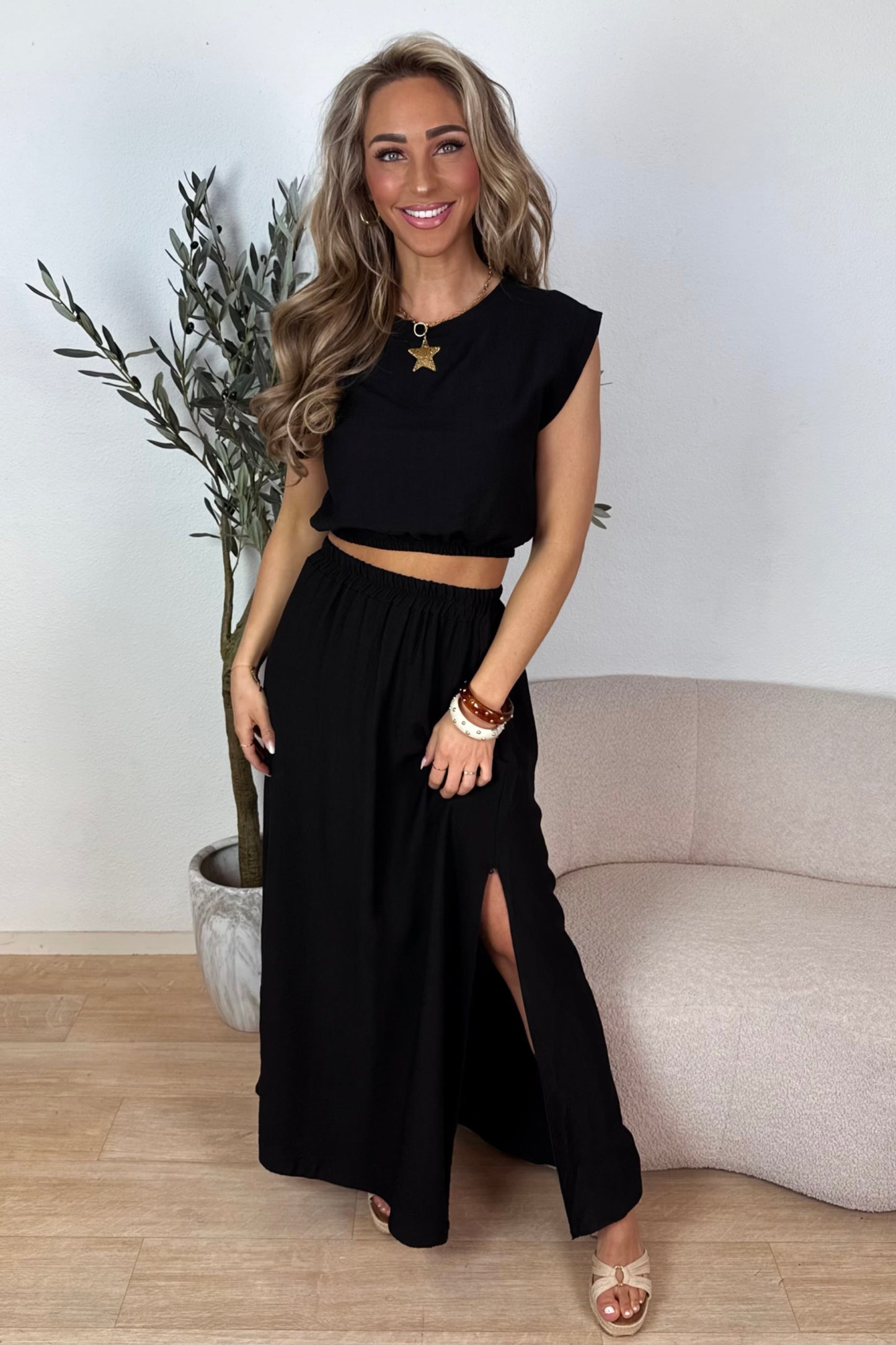 PRE-ORDER / Sienna boho splitrok set - Zwart
