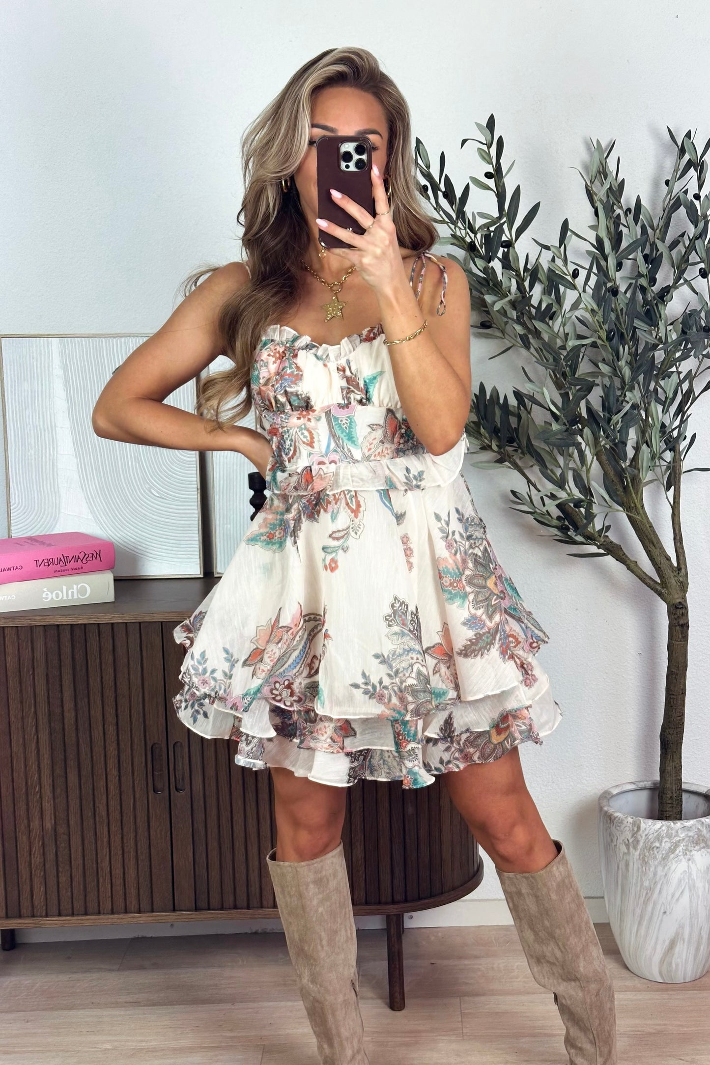 Janey print jurk - Beige