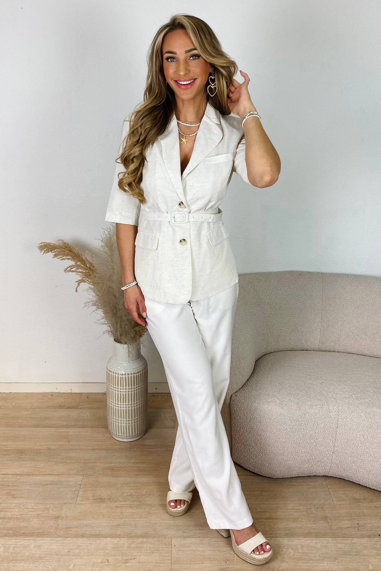 Linnen SS blazer ceintuur - Beige