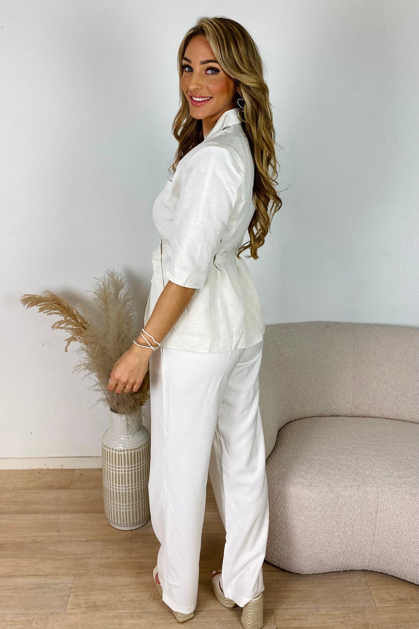 Linnen SS blazer ceintuur - Beige