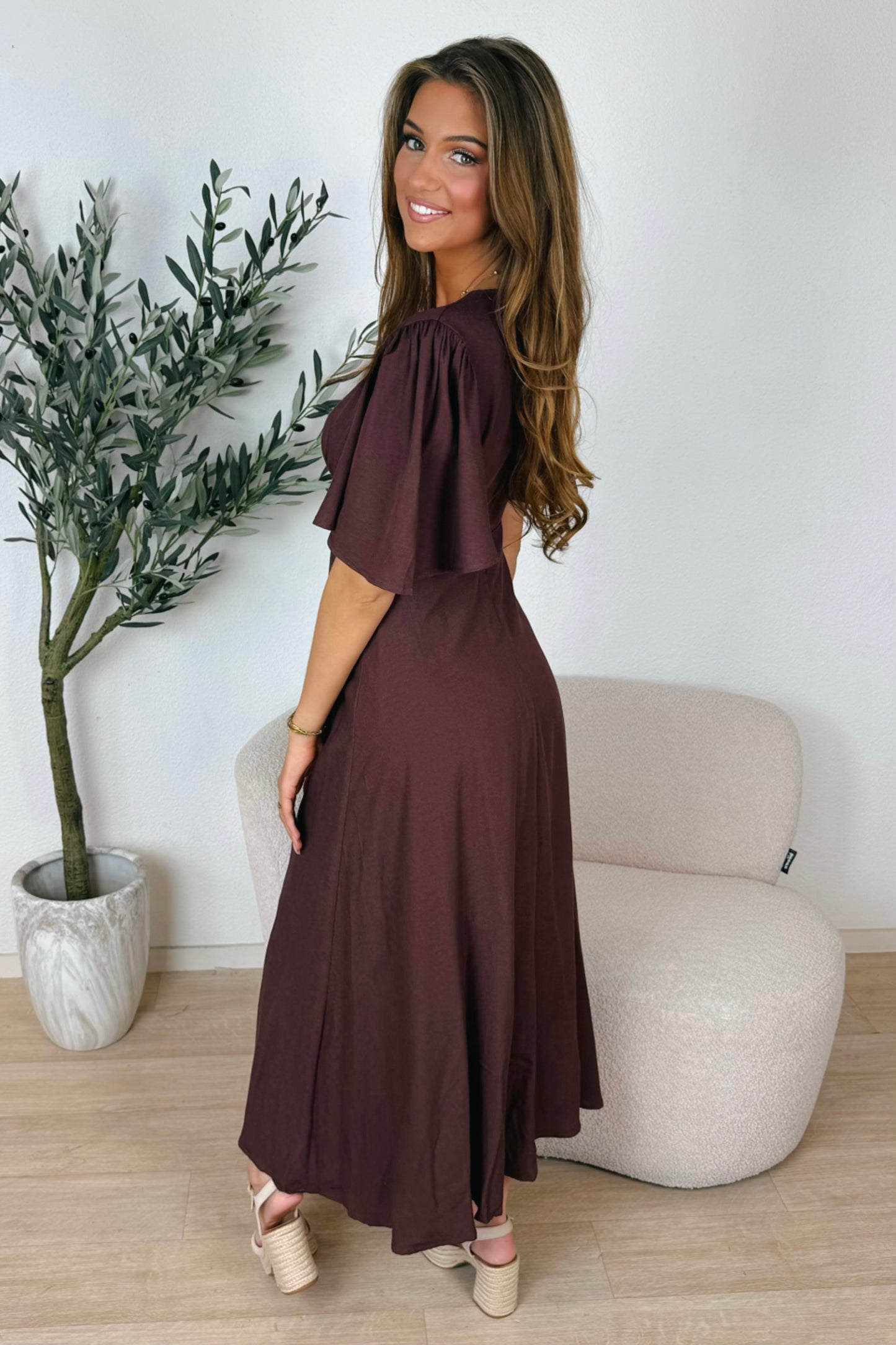 Caitlyn flowy midi jurk - Bruin