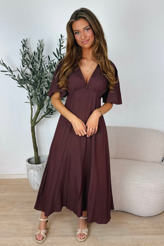 Caitlyn flowy midi jurk - Bruin