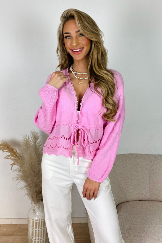 Broderie strik blouse - Roze