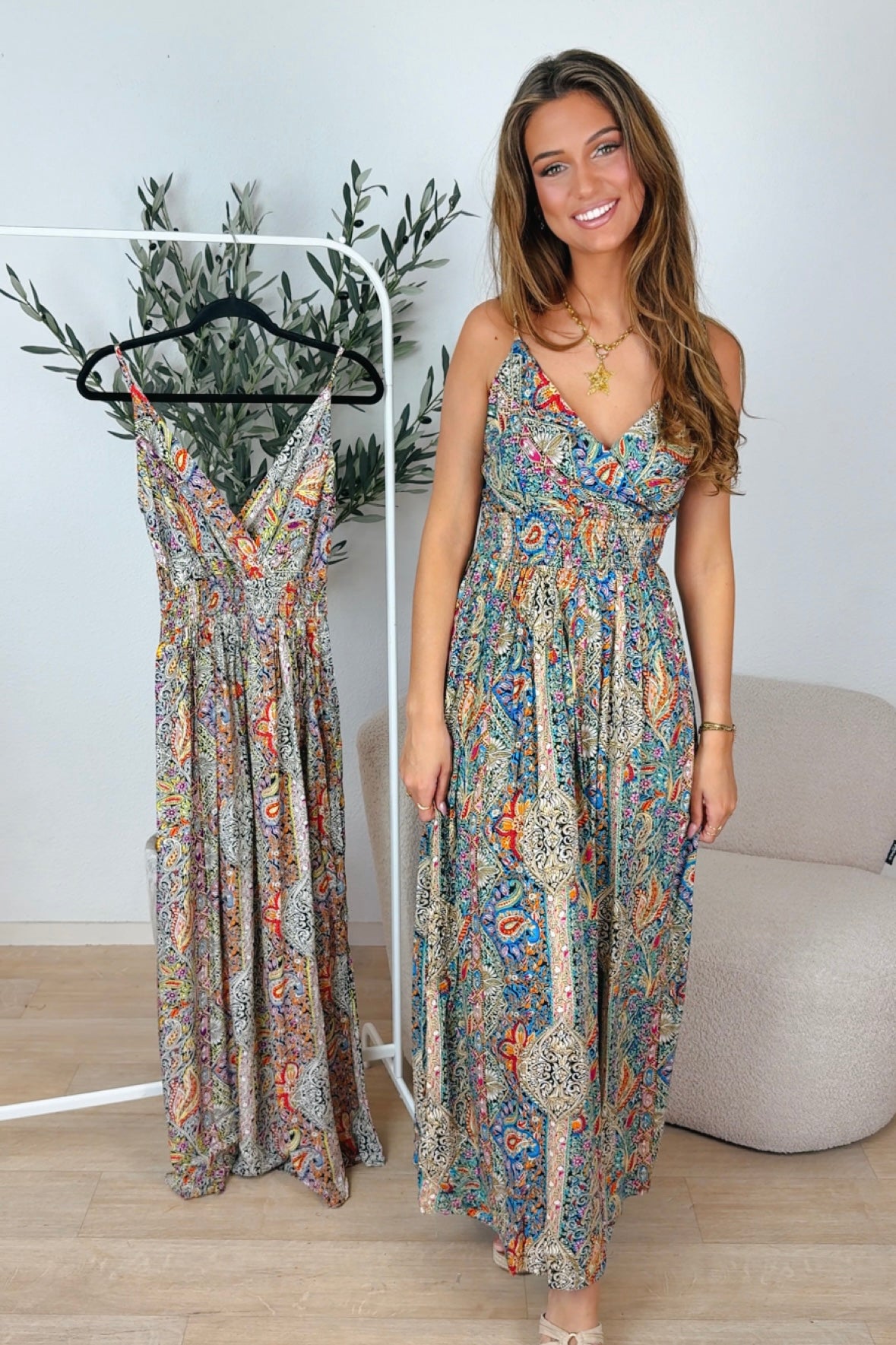 Jade maxi print jurk - Blauw