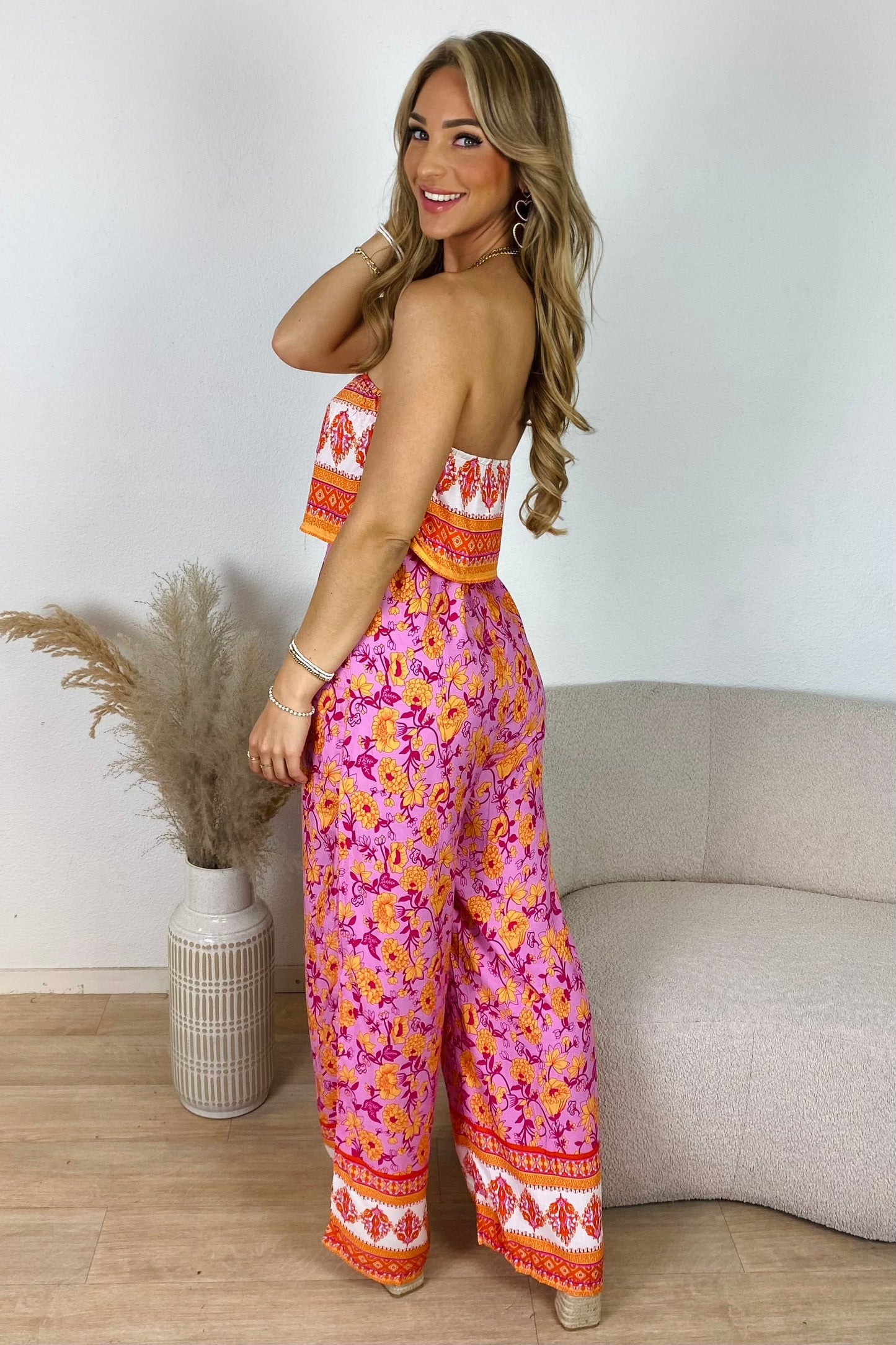 Bandeau jumpsuit bloemenprint - Fuchsia