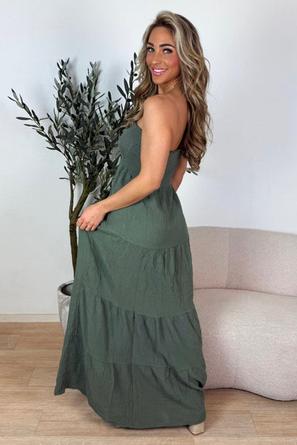 Tessa strapless maxi jurk - Kaki