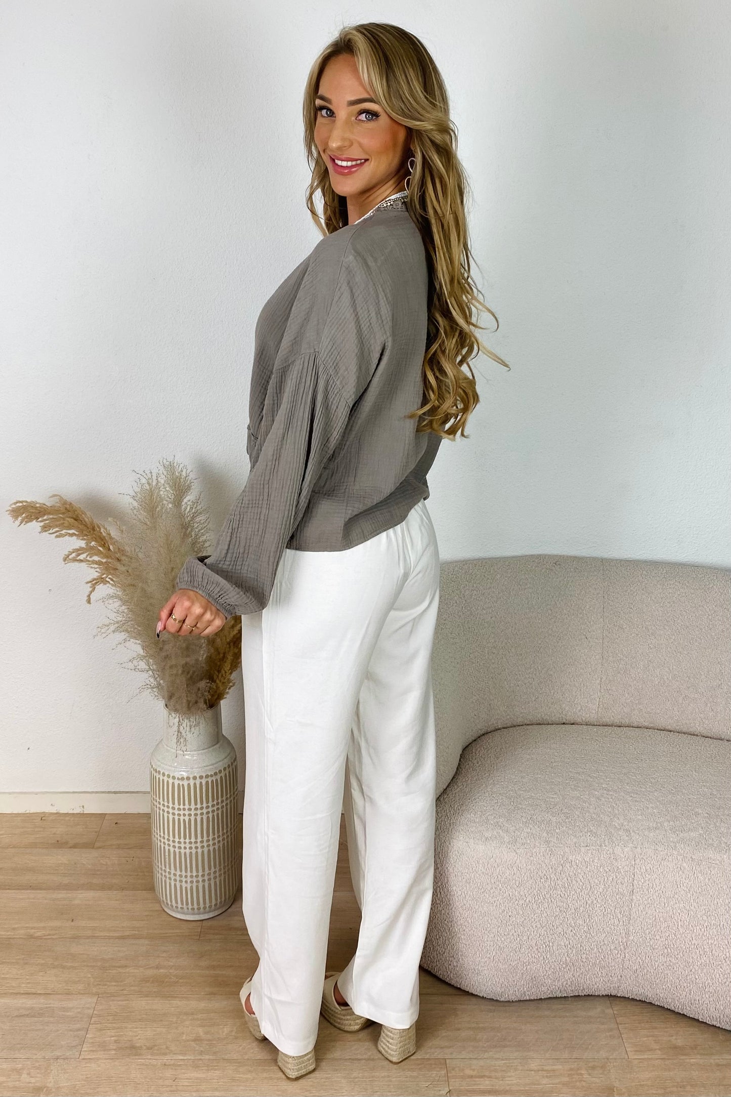 Broderie strik blouse - Taupe