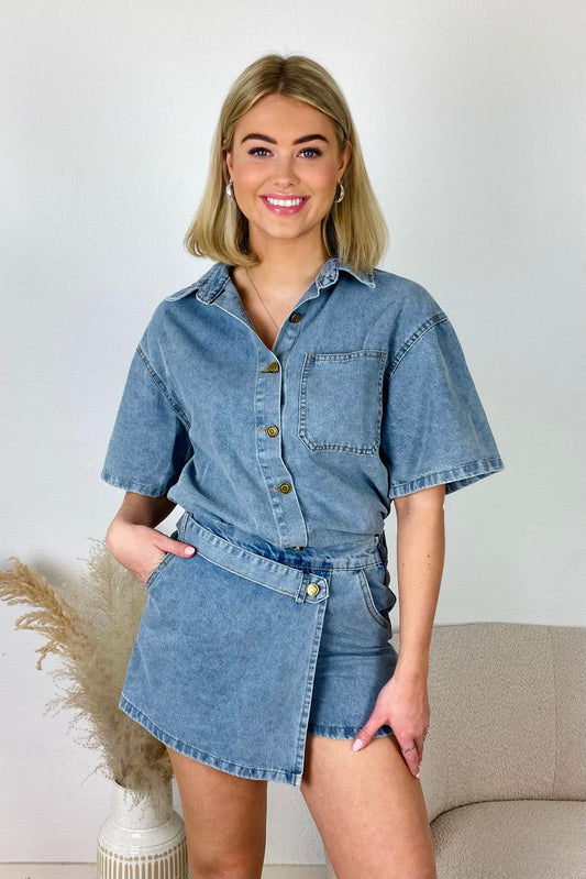 Denim SS skort set - Blauw