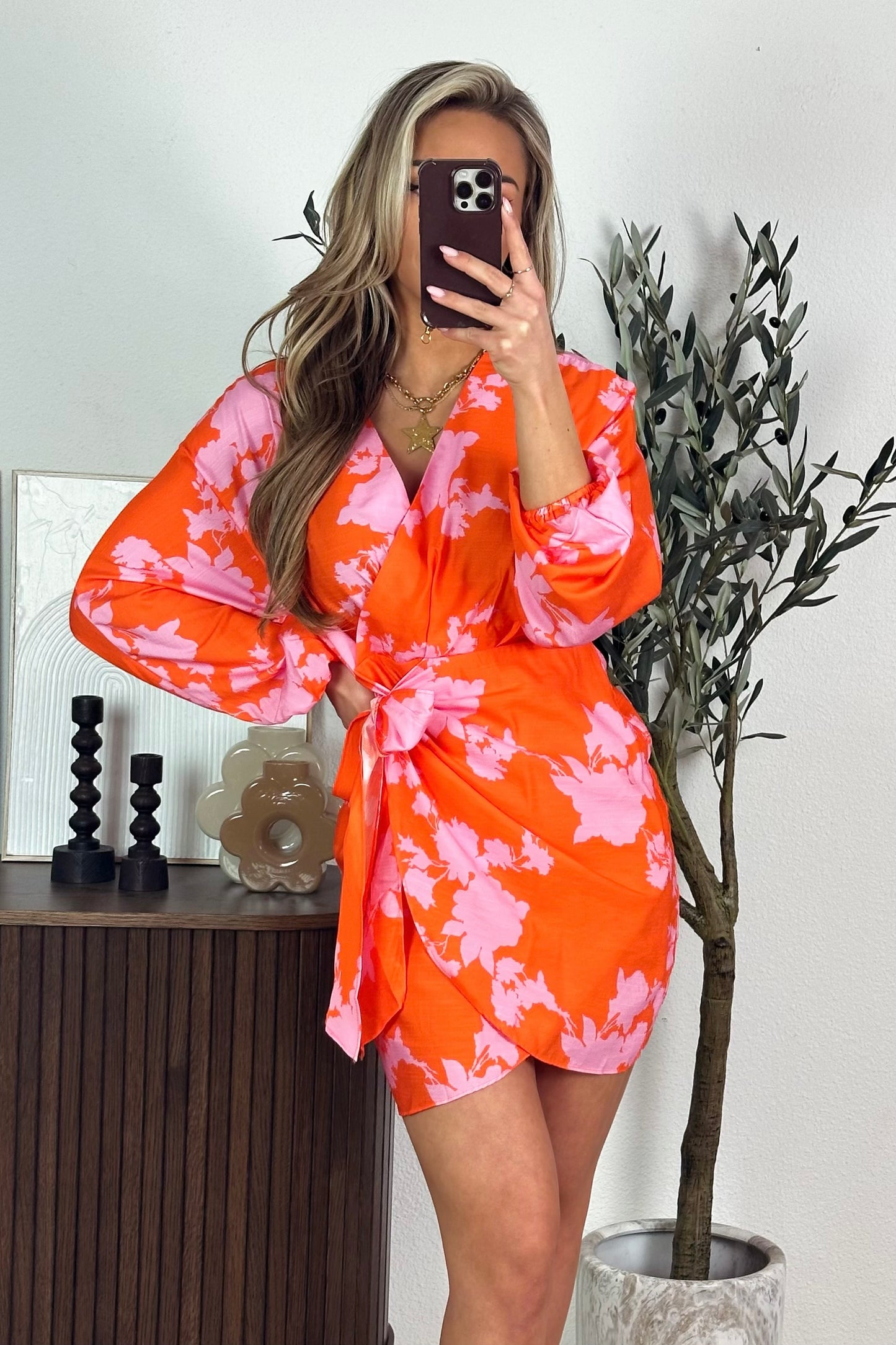 Caitlin print jurk - Roze/Oranje