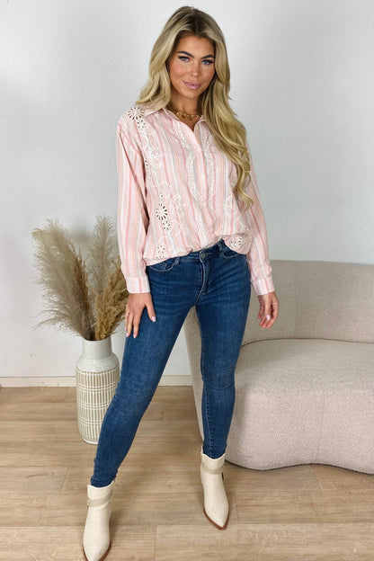 Broderie gestreepte blouse - Roze