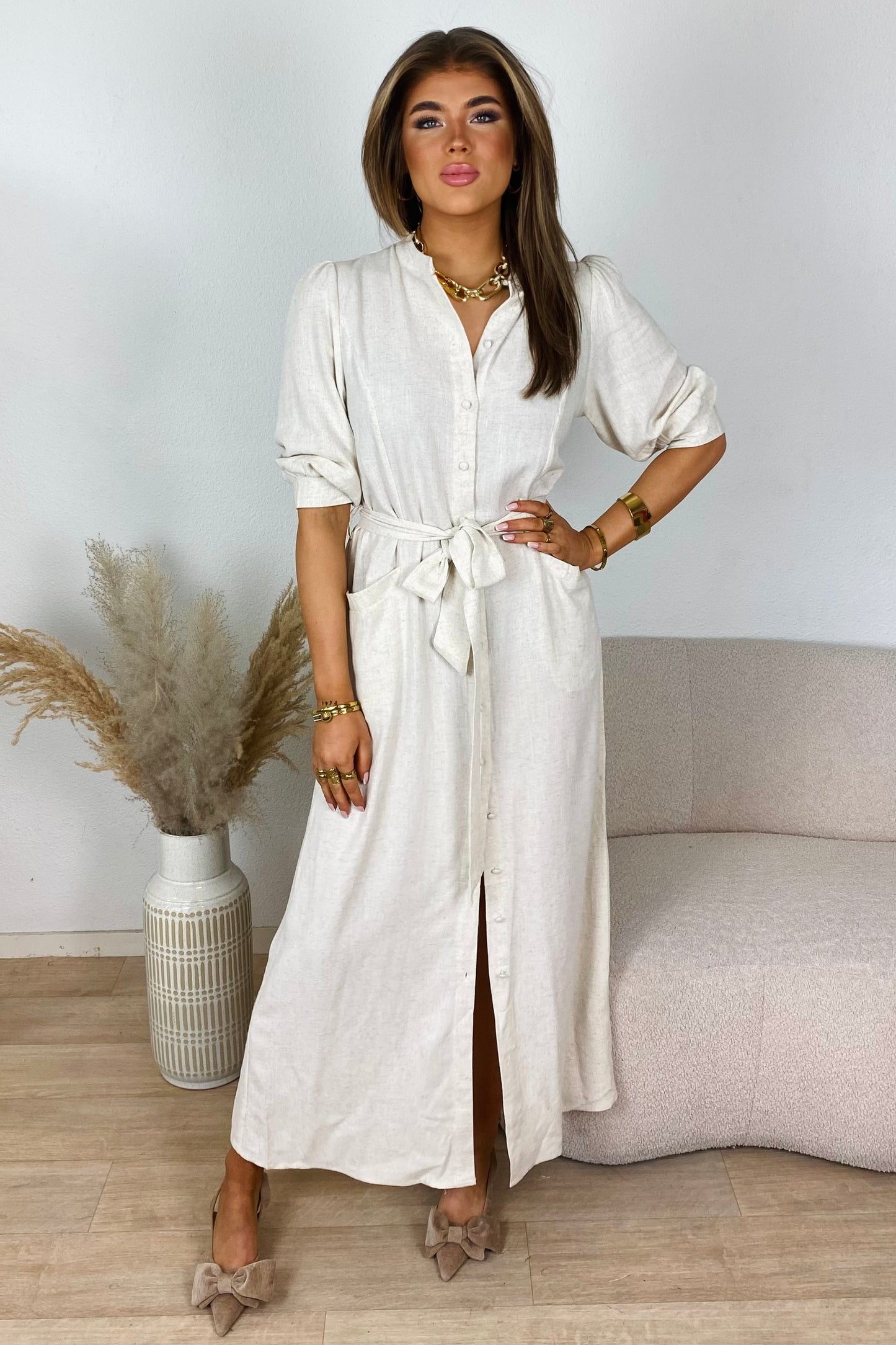 Linnen maxi dress - Beige