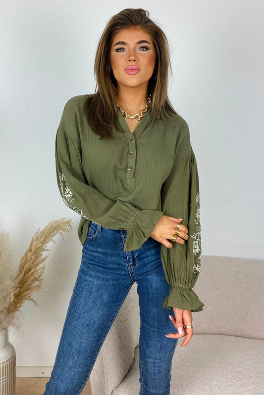 Printed sleeve blouse - Kaki