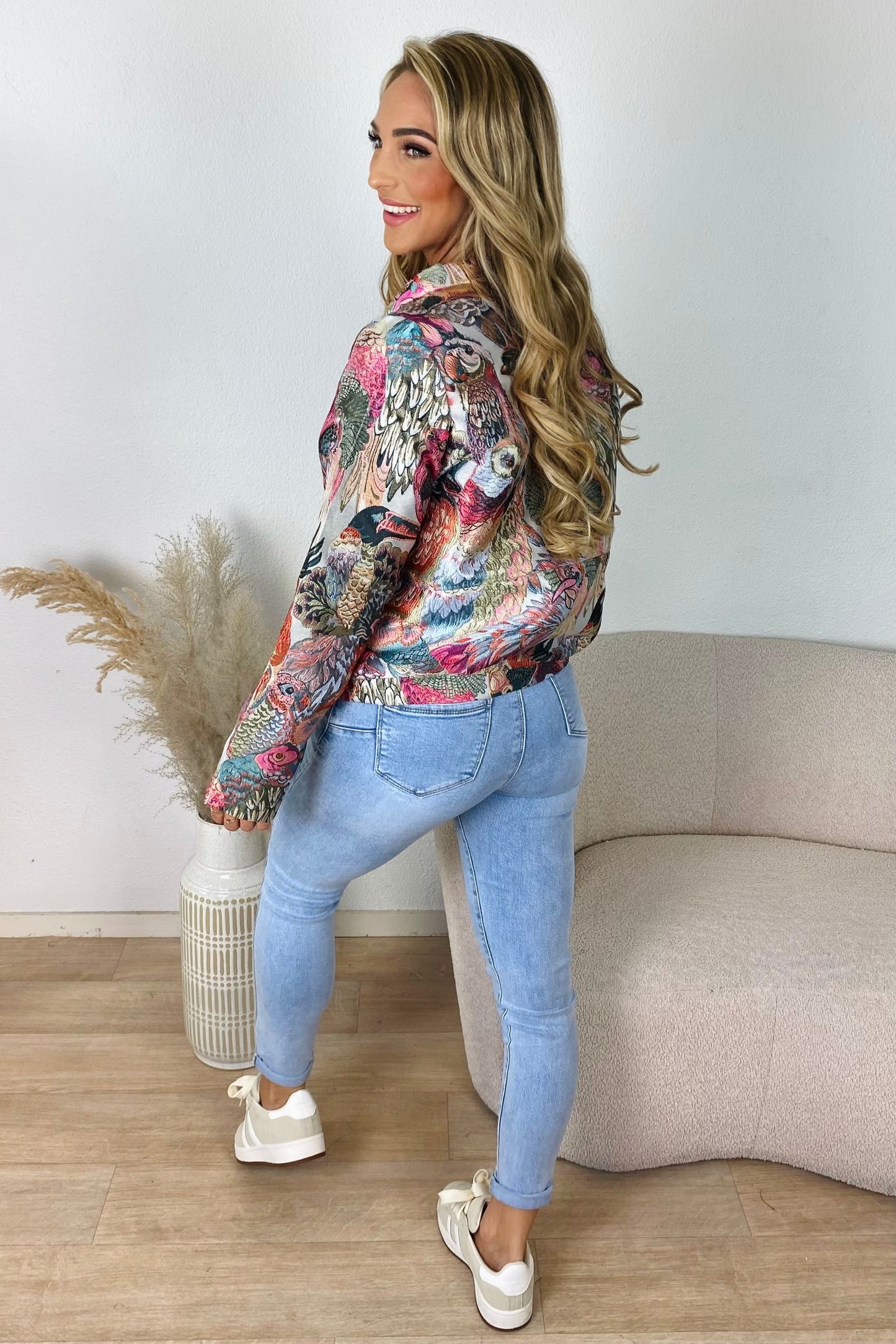 Jacquard bird bomber jas - Fuchsia