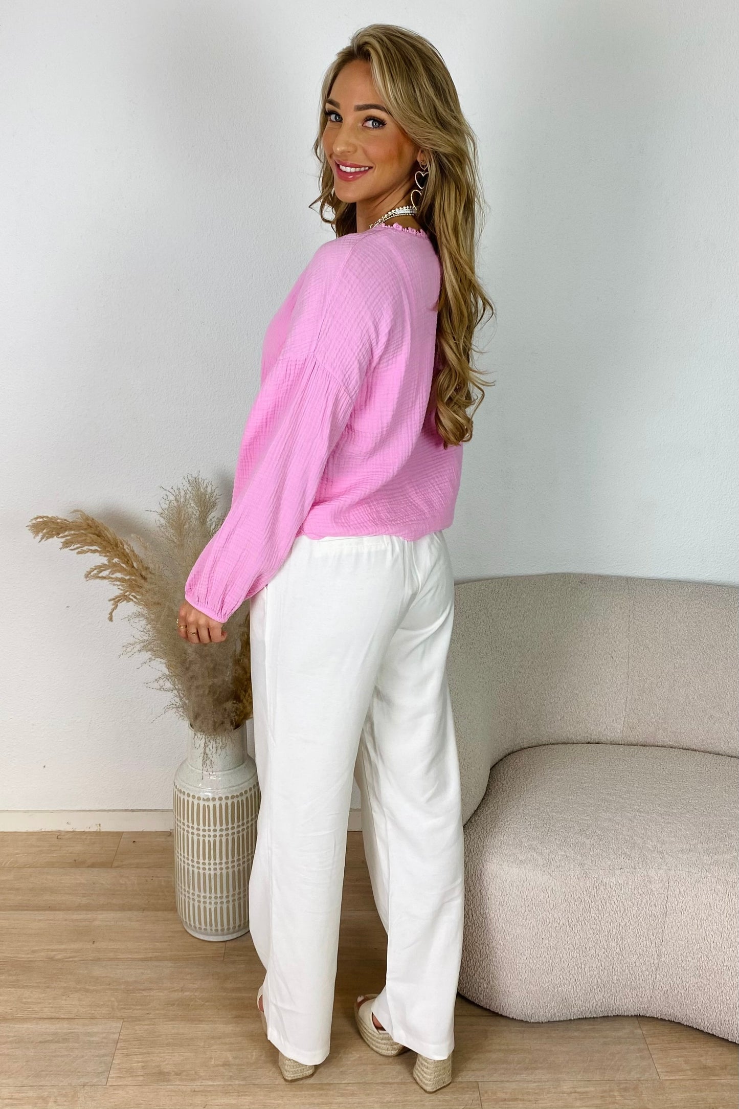 Broderie strik blouse - Roze