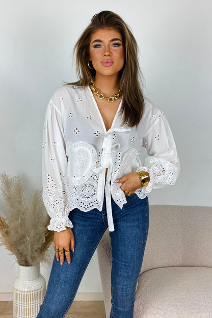 Broderie bows blouse - Wit