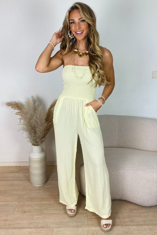 Mousseline strapless jumpsuit - Geel