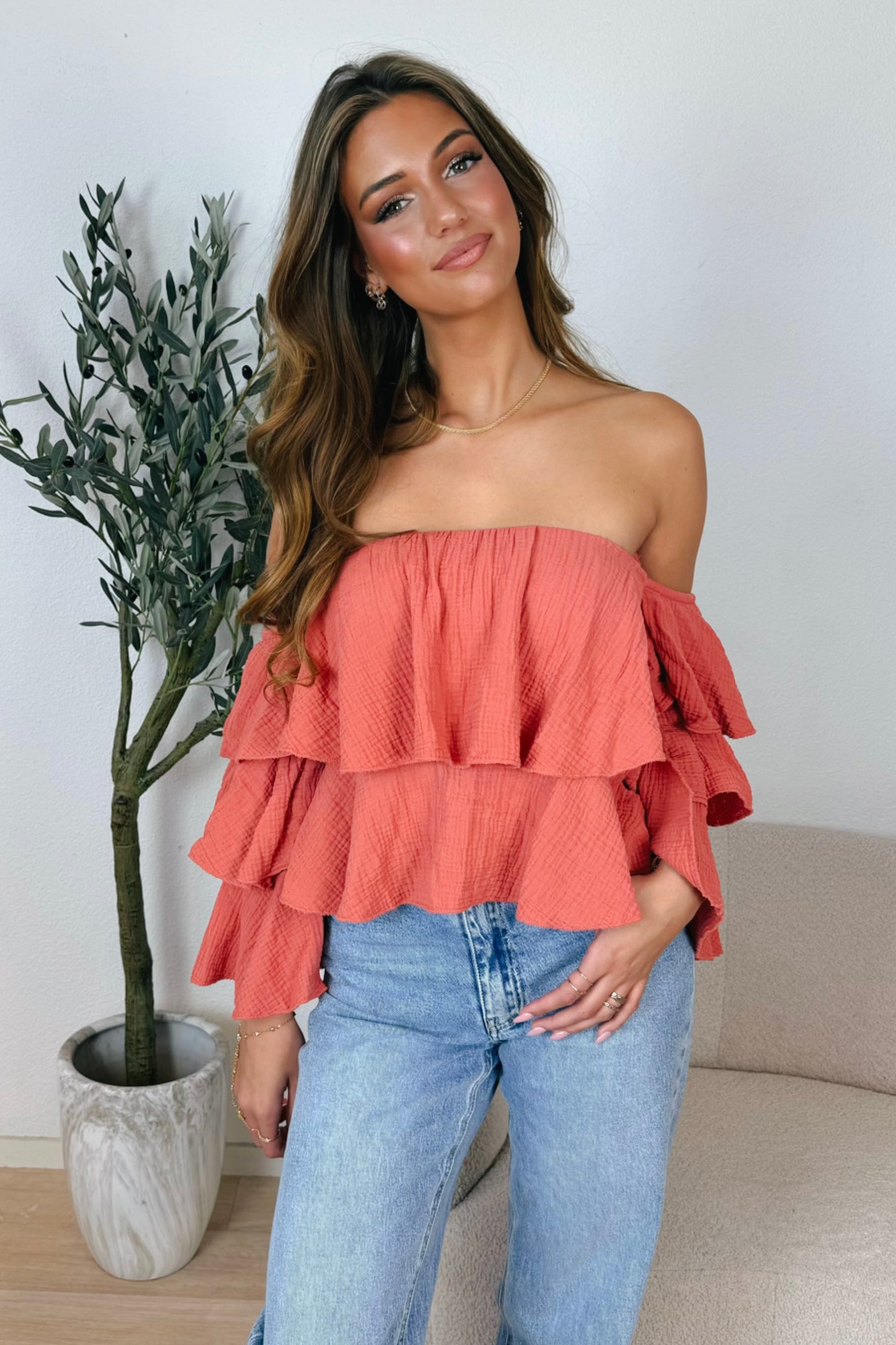 Claire ruffle top - Terracotta