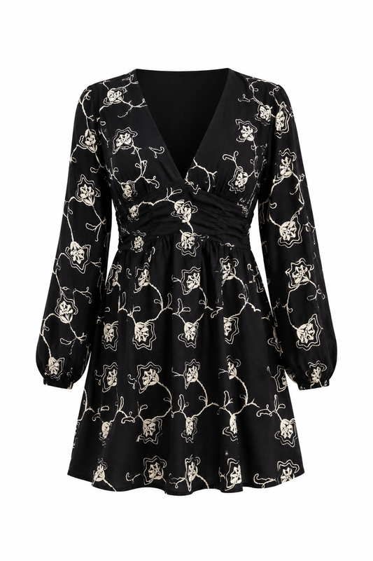 Embroidered flower dress - Zwart